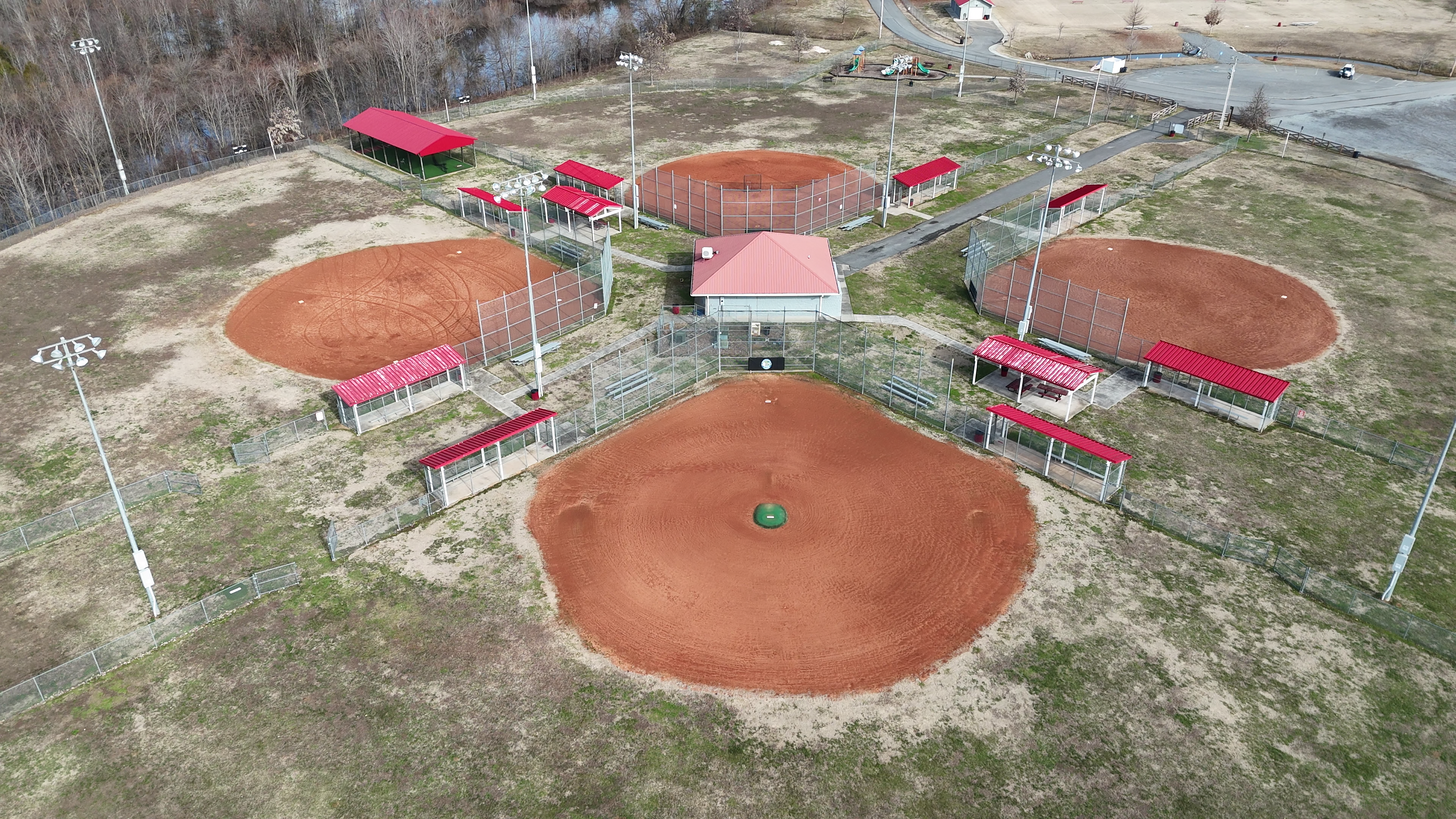 Drone photograph of a baseball field and surrounding grounds shot by Alynto for recreational facility marketing, framed to show field condition and site layout in a single image suitable for websites, sponsorship decks and social media.