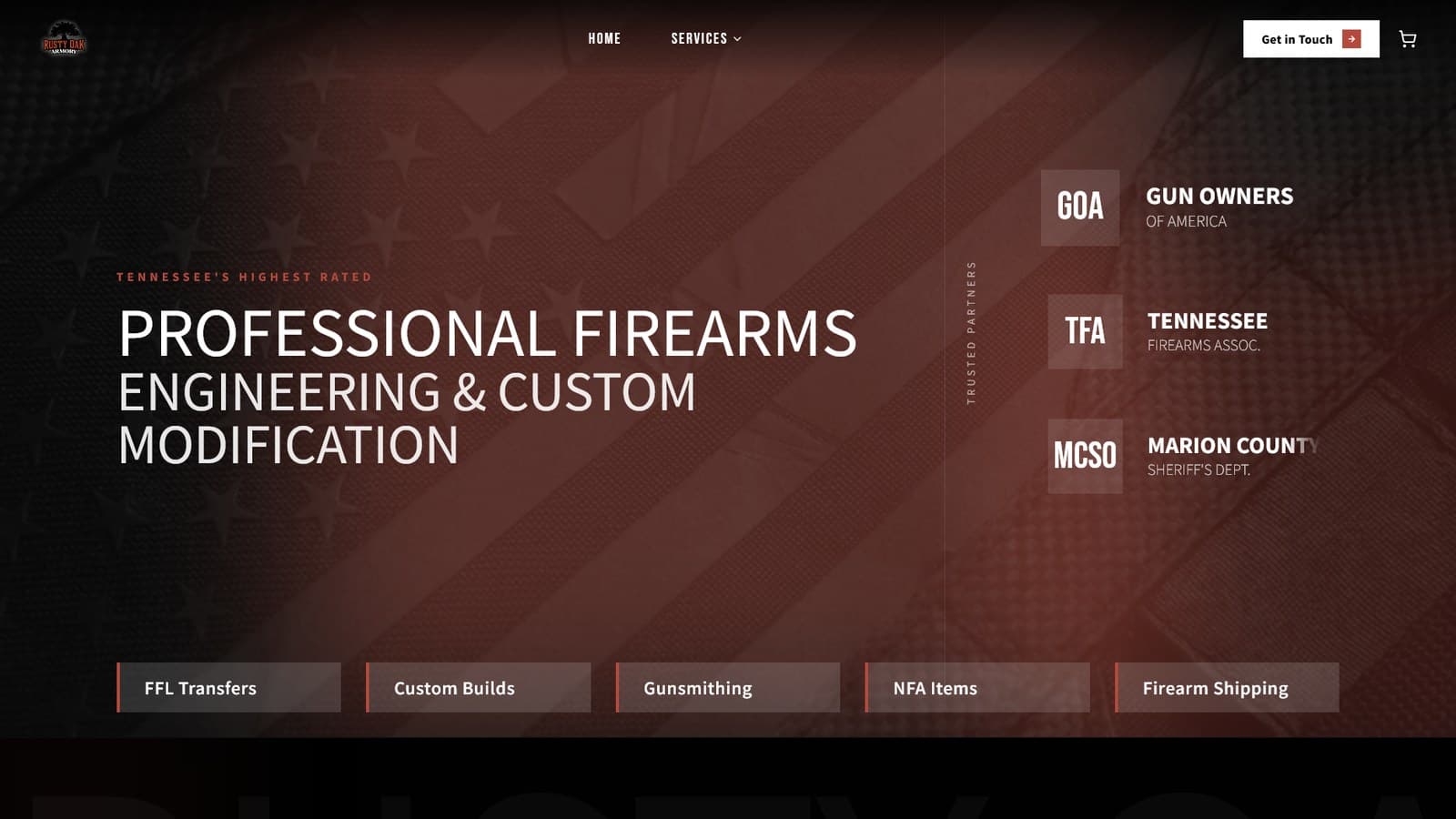 Homepage of the compliance-integrated armory e-commerce site built by Alynto, showing the storefront hero, trusted partner badges, and quick links to FFL transfers, custom builds, gunsmithing, NFA items, and firearm shipping.