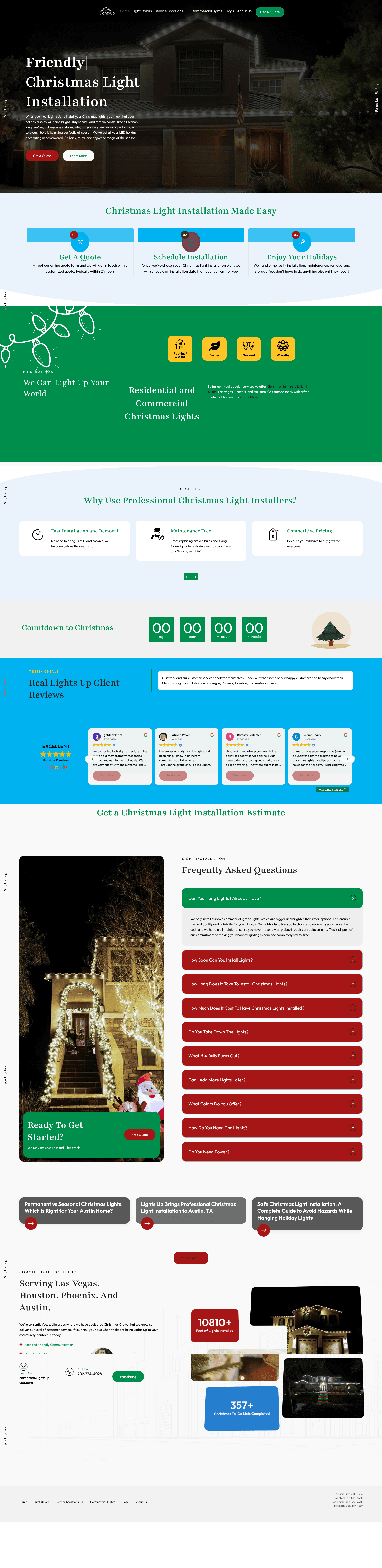Case study dashboard showing LightsUp USA holiday lighting Google Ads performance metrics and custom landing page designs optimized by Alynto for high-converting Chattanooga lead generation.